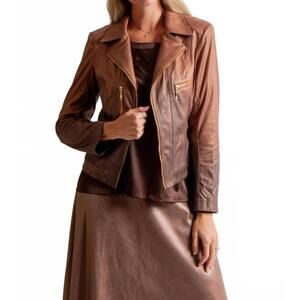 NEW INSIGHT shades vegan leather moto jacket in brown